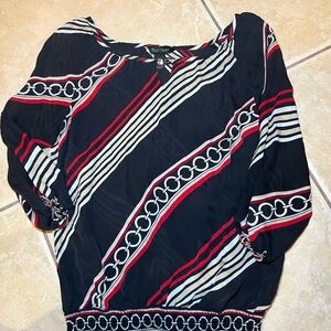 White House Black Market Black and Red Chain Print Blouse 100% Silk